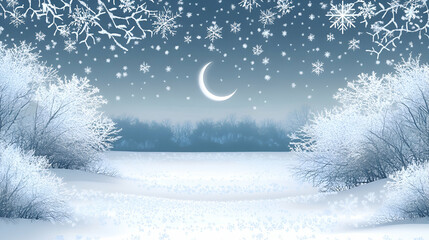 Snowy winter landscape with trees, a crescent moon, and falling snowflakes at night.