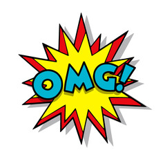 Colorful comic speech bubble with the acronym omg, expressing surprise or astonishment, with a dynamic starburst shape