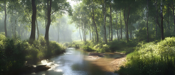 Obraz premium Sunbeams filter through the trees, illuminating a calm stream in a lush, green forest.