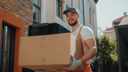 Moving and teamwork in transport services, professional young male movers