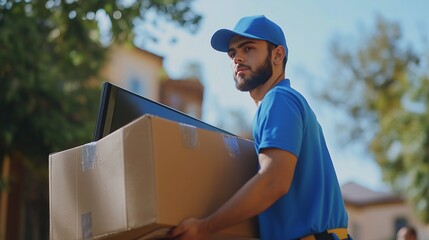 Moving and teamwork in transport services, professional young male movers