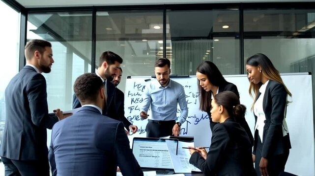 A team of professionals working together in a glass-walled meeting room, analyzing data on a laptop and taking notes, showcasing effective communication and teamwork in a collaborative workspace.