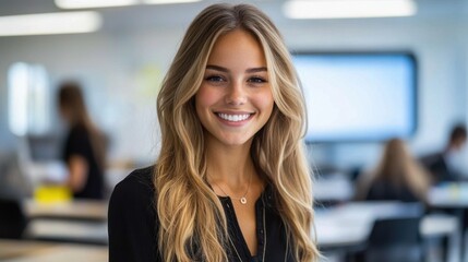 Smiling young woman in a modern classroom setting during a bright afternoon session with students engaged in learning activities