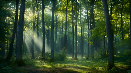 Fototapeta premium Sunlight beams through a dense forest, illuminating the trees and foliage.