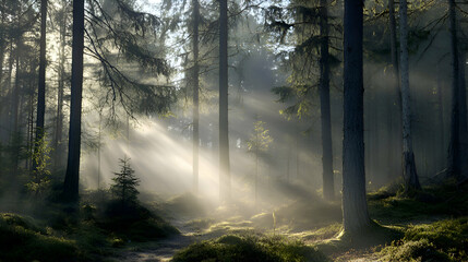 Fototapeta premium Sunlight beams through the mist in a dense evergreen forest, illuminating the forest floor.