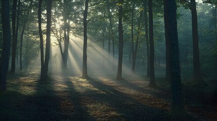 Obraz premium Sunlight beams through a misty forest, illuminating the trees and forest floor.