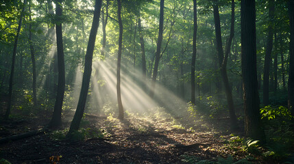 Sunlight beams through the trees in a misty forest.