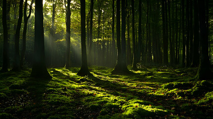 Sunlight beams through trees in a dense forest, illuminating the mossy ground.