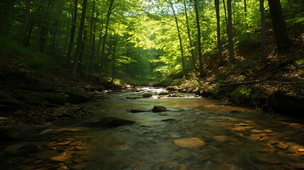 Fototapeta premium Sunlight streams through the trees onto a creek in a lush forest.