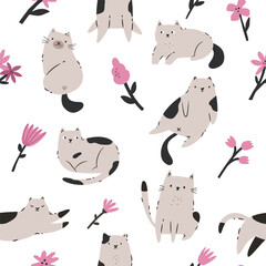 Seamless Pattern with Funny Cats. Playful and Quirky Feline Characters for Art and Design.