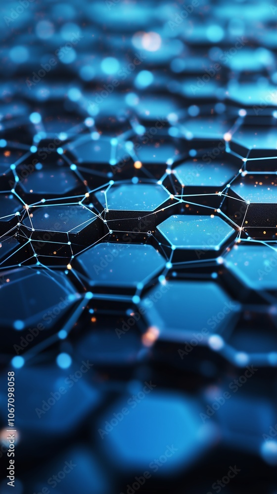 Poster a high-tech geometric pattern of interconnected hexagons with glowing blue accents in a digital envi
