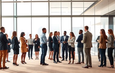 Corporate crowd engaging in teamwork during business event in modern office space