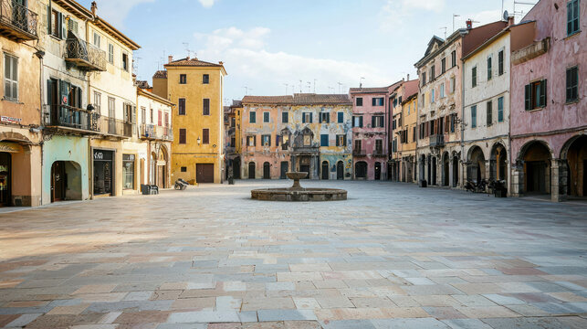 Fototapeta Serene Italian Piazza: A picturesque Italian town square, bathed in the soft glow of a sunny afternoon. The cobblestone plaza, framed by charming pastel-colored buildings.