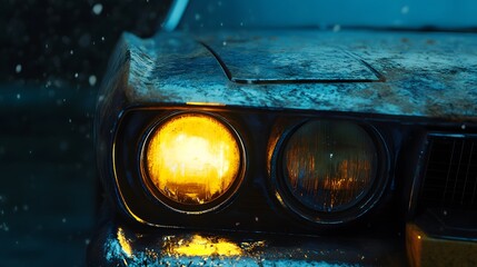 Close-up view of a car bumper with headlights