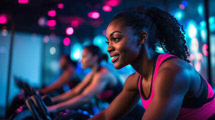 Focused Woman Exercising on Stationary Bike in Neon-Lit Gym, Horizonta