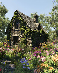 A charming stone cottage with a lush green ivy covering the walls, surrounded by a beautiful flower garden.