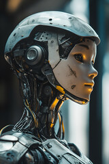 The robotic face exhibits subtle expressiveness, with visible mechanical skeleton components, demonstrating a fusion of technology and human-like aesthetics.