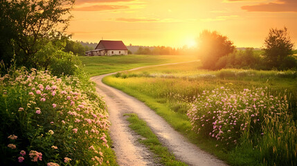 Obraz premium A dirt road winds through a green meadow towards a small house in the distance as the sun sets in a fiery orange sky.