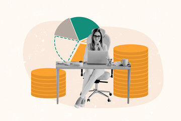 Composite trend artwork sketch photo collage of work business money pile coins rich bitcoin young...