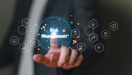 close up with hand of business person identify danger risk with AI among normal incident. Risk management concept for business and personal planning for risk mitigation with information and decision