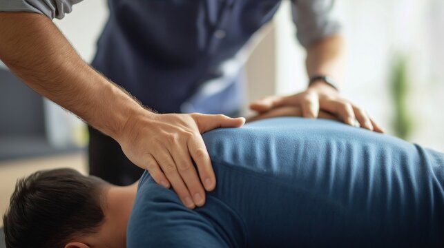 chiropractor adjusting a patients, back pain therapy in clinic.
