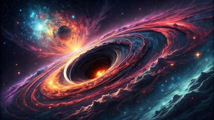 Vibrant cosmic landscape with a dynamic black hole. Dynamic space scene with a swirling nebula and black hole.