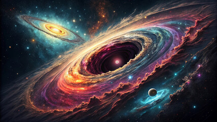 Vibrant cosmic landscape with a dynamic black hole. Dynamic space scene with a swirling nebula and black hole.