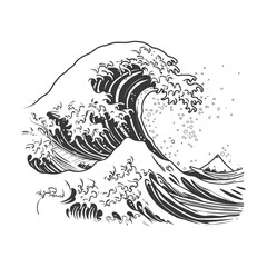 Naklejka premium Black and White Illustration of a Large Wave Breaking Over a Mountain