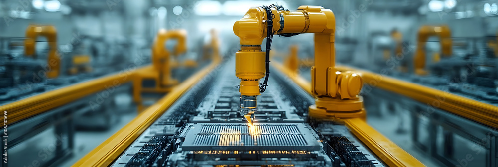 Leinwandbilder robotic arm assembling electronic components in high-tech manufacturing factory with futuristic and 