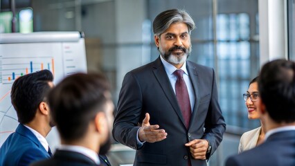 Indian business leader presenting new goals to the attentive team members.	
