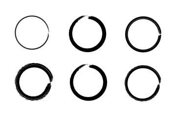 Hand-drawn set of circle ink brush strokes illustrating the Zen enso, symbol of Buddhism. Includes rough-edged frames and doodle-like designs.