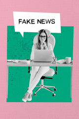 Vertical creative art collage of minded businesswoman think fake news propaganda disinformation...