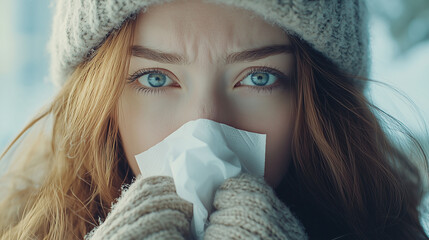 Chora kobieta z grypą z wyrazem zmęczenia dmucha nos w chusteczkę. Jej wygląd i zimowe ubranie doskonale oddają atmosferę przeziębienia i dyskomfortu.