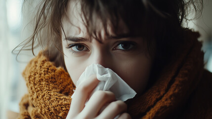 Chora kobieta z grypą z wyrazem zmęczenia dmucha nos w chusteczkę. Jej wygląd i zimowe ubranie doskonale oddają atmosferę przeziębienia i dyskomfortu.