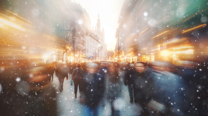 Fototapeta premium winter in the city, snowfall weather, people on the street in light snowflakes falling merry christmas mood abstract background of the city crowd at Christmas