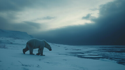 Naklejka premium Polar Bear Walking on Ice in Arctic Landscape