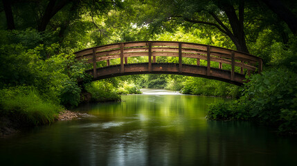 Fototapeta premium A wooden bridge arches over a tranquil creek in a lush green forest.