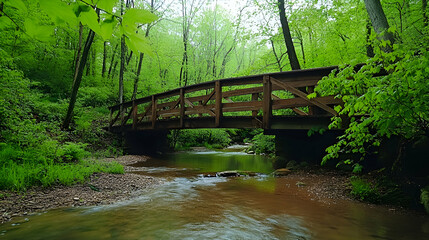 A wooden bridge spans a clear creek in a lush forest.
