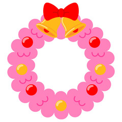 pink christmas wreath with bright yellow bell with red bow , red and yellow ornament ball