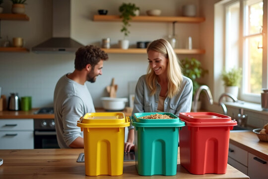 couple organizing food waste in colorful bins in a kitchen