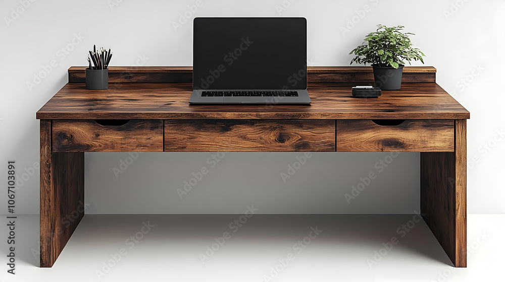 Aufkleber Sleek and modern minimalist desk setup featuring a laptop computer against a clean white background. The simple and uncluttered workspace represents productivity,efficiency.