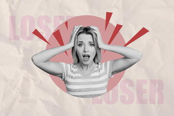Composite trend artwork sketch image photo collage of young shocked woman staring bulb headache...