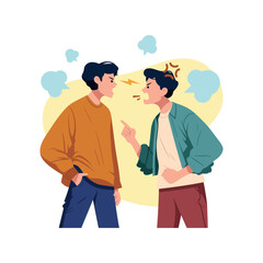 Angry men arguing and conflicting. Quarrel and fight between two aggressive people. Male characters shouting, blaming and criticizing. Conflict situation. Vector flat illustration isolated on white.