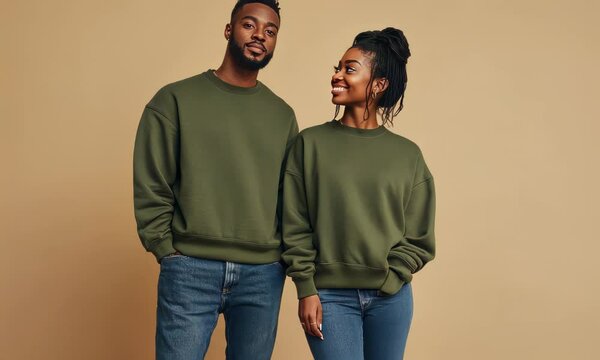 International couple in oversized green sweatshirts and jeans, posing in solid background.