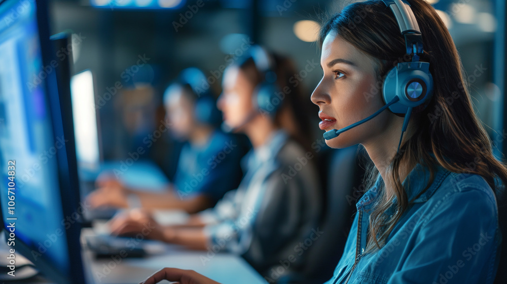 Poster support center. online consultants help clients in chats and calls. call center operators working in