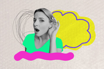 Composite creative art collage of astonished girl hold hand ear rumors gossip listener deaf secret...