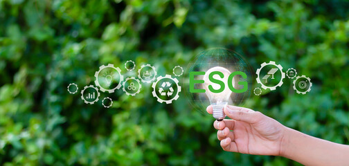 ESG, Environmental, Social and Governance Sustainable Industry of Business global warming reduction concept on green background	