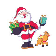 cartoon santa claus holding gifts in both hands and there is a happy little reindeer under santa claus feet