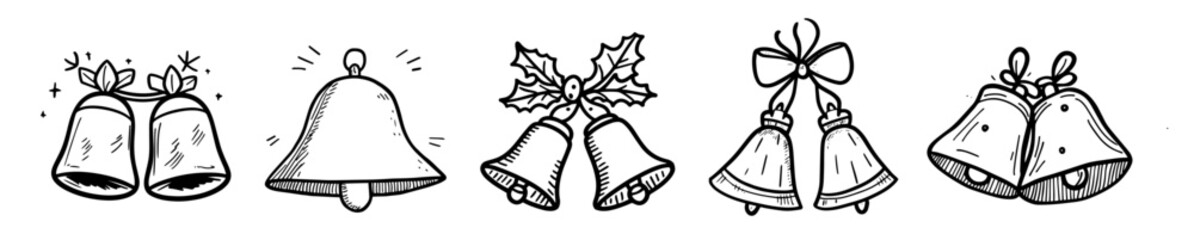 classic christmas bells with bow in hand-drawn style – black vector