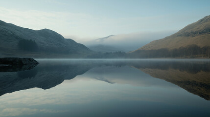 Serene Mountain Lake Reflection in Mist